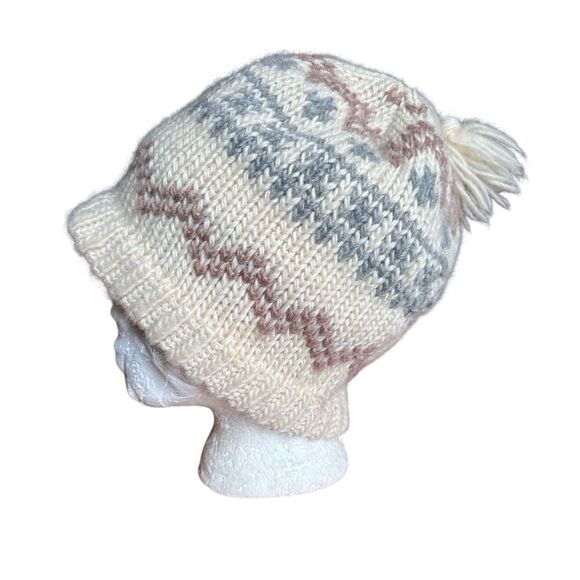 Vtg Hansen Wool Women’s Ivory Winter White Fair Isle Nordic Knit Hat Beanie Pom - Picture 1 of 7
